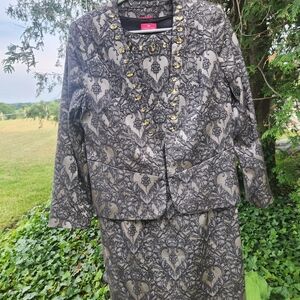Together Black and Gray Brocade Dress And Jacket Suit Set Size 12